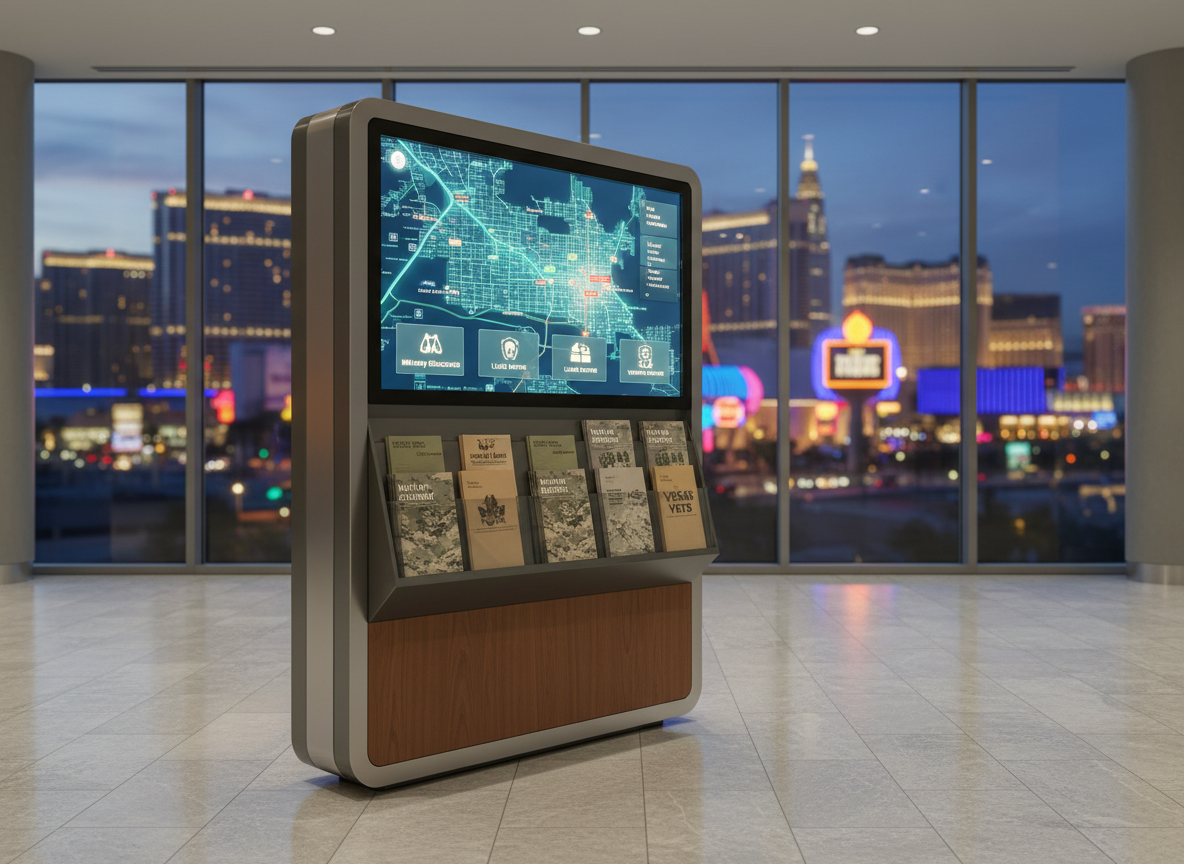 A polished informational kiosk designed for military visitors to Las Vegas, with a large digital map of the Strip and surrounding bases glowing on a crisp, frameless screen. The interface shows icons for discounts, events, and veteran services, surrounded by neatly arranged brochures in muted desert tones. The kiosk stands in a clean, modern lobby with stone tile floors and a backdrop of blurred city lights through tall glass windows. Soft, even overhead lighting creates minimal shadows and a professional, trustworthy atmosphere. Photographic realism, shot at eye level with a slight three-quarter angle and moderate depth of field, keeping the kiosk sharp while the background gently fades into a subtle bokeh of Las Vegas neon colors.